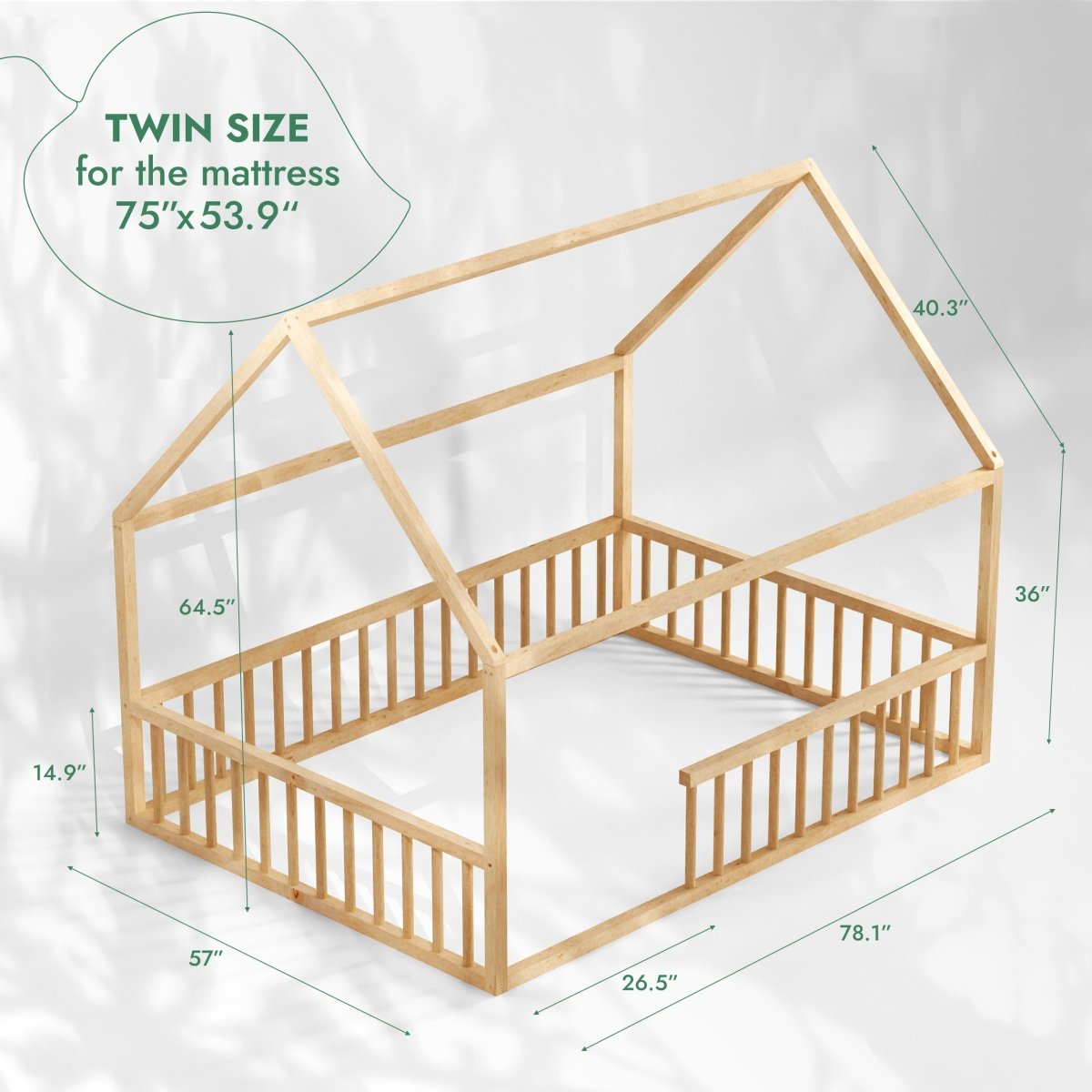 Twin Size Montessori House Bed for Kids with Fence Goodevas