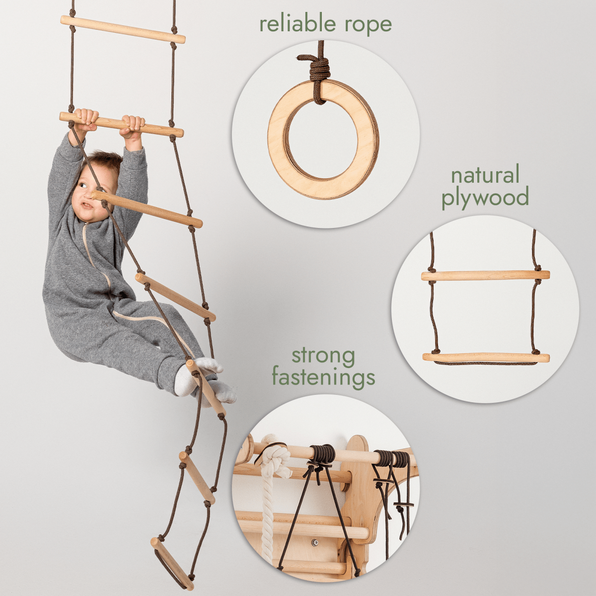 3in1 Swing & Climbing Set: Rope Ladder, Gym Rings & Disc Swing Goodevas