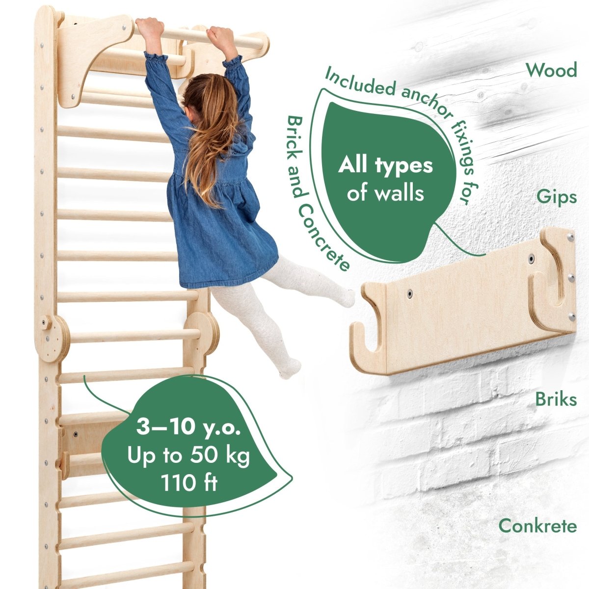 6in1 Wooden Swedish Wall / Climbing ladder for Children + Swing Set + Slide Board Goodevas
