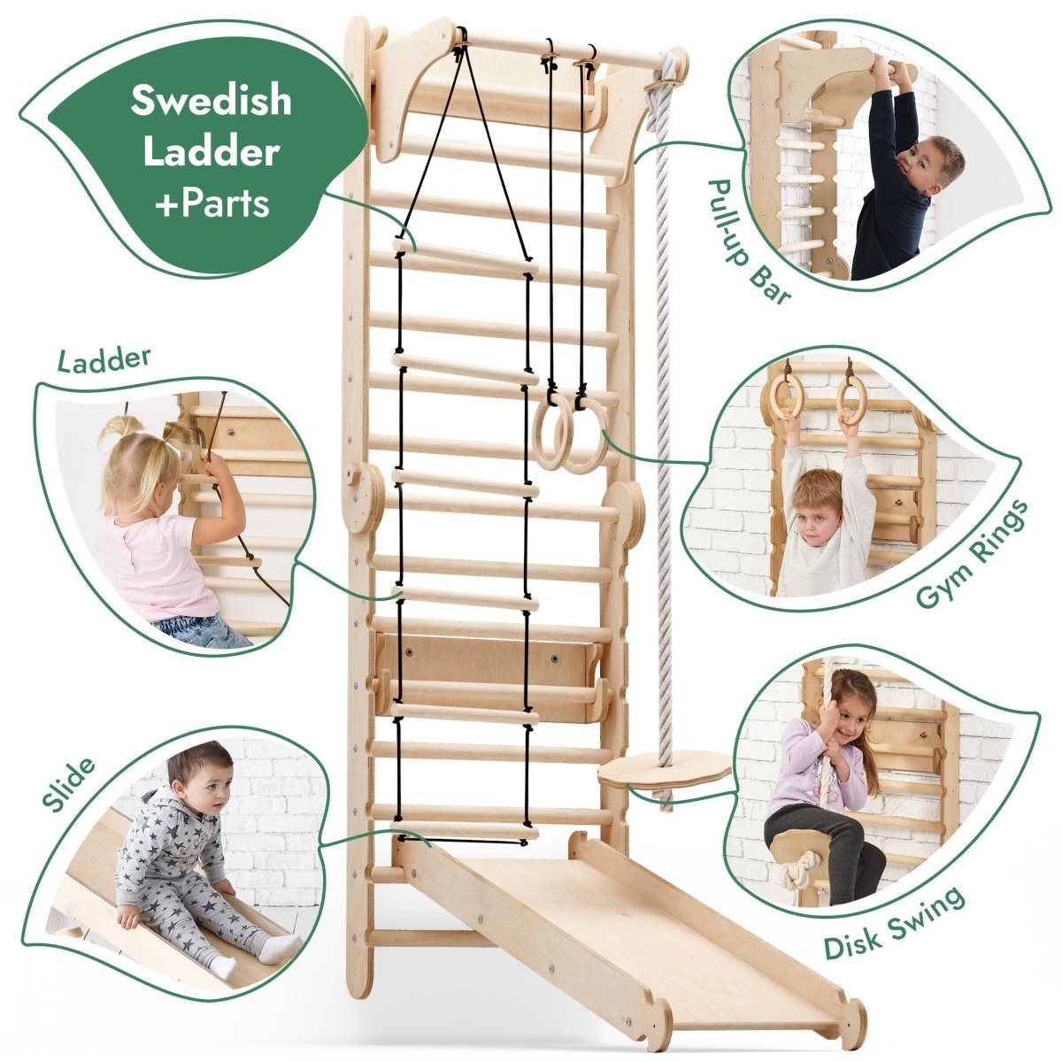 6in1 Wooden Swedish Wall / Climbing ladder for Children + Swing Set + Slide Board Goodevas