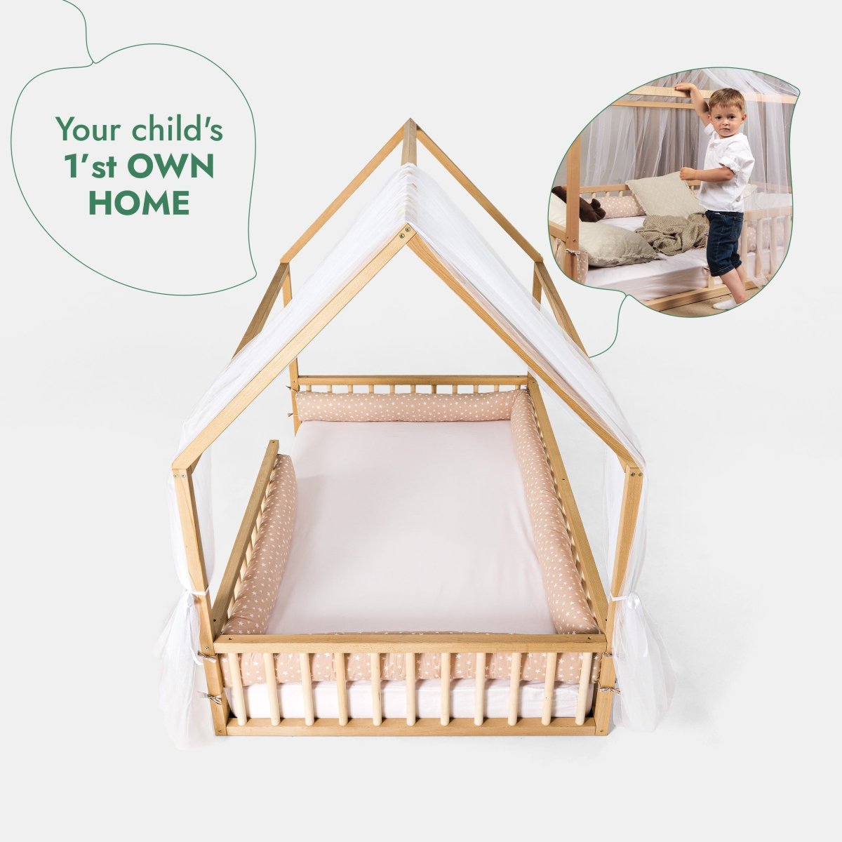 Twin Size Montessori House Bed for Kids with Fence Goodevas