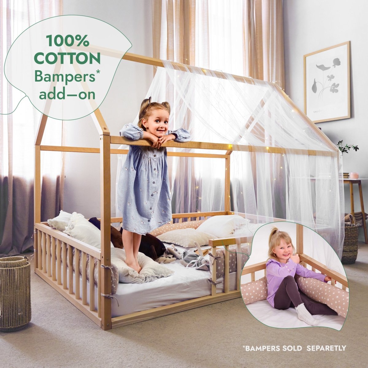 Twin Size Montessori House Bed for Kids with Fence Goodevas