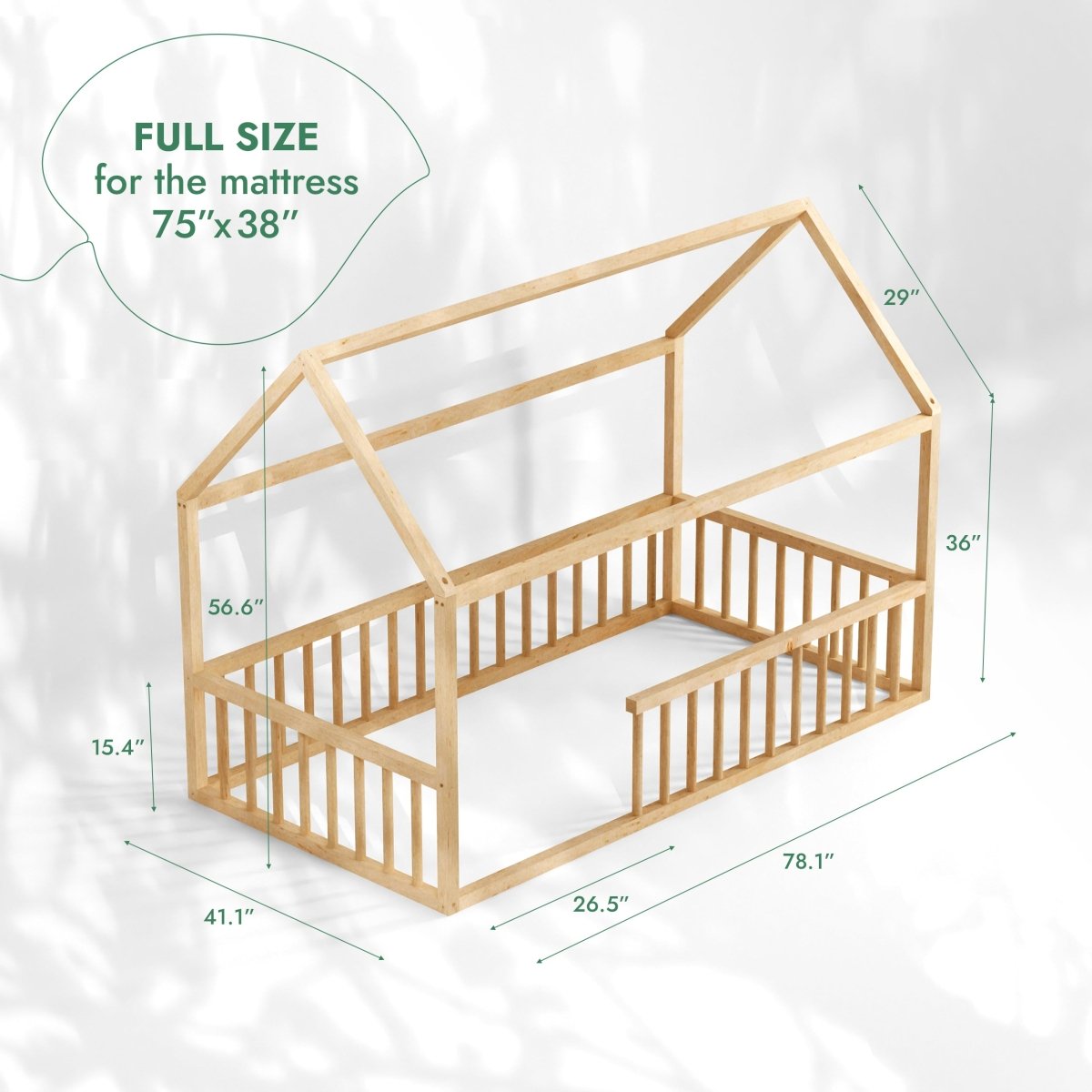 Twin Size Montessori House Bed for Kids with Fence Goodevas