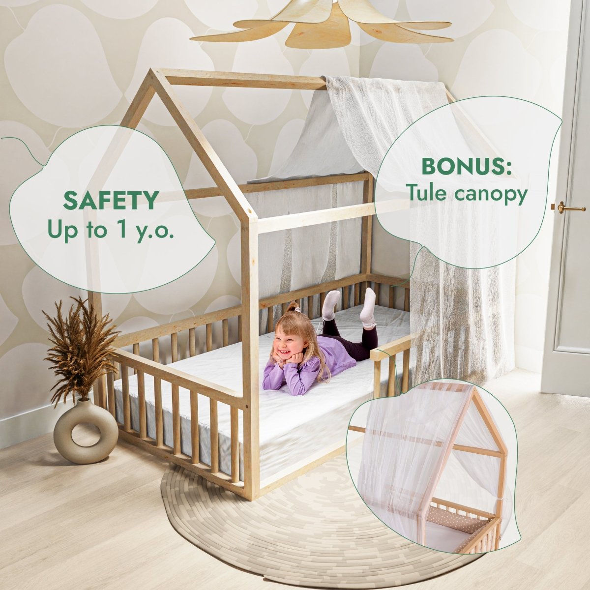 Twin Size Montessori House Bed for Kids with Fence Goodevas